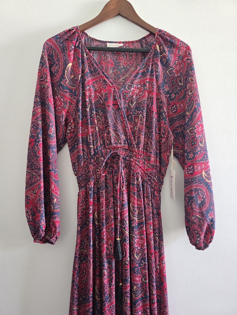 Boemo Paisley Bohemian Tiered Maxi Dress Medium Red Navy Long Sleeve V-Neck - Picture 3 of 12